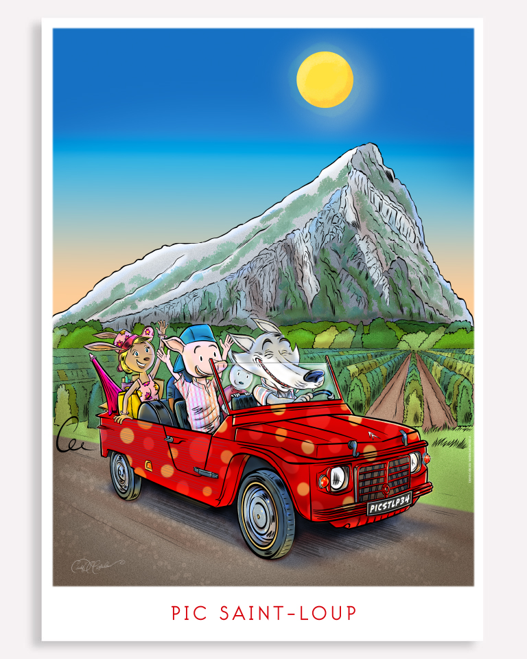 Hand drawn French cartoon wolf in a red Citroen Mehari driving through Pic Saint Loup vineyards near Montpellier in Herault Languedoc illustration by Ian David Marsden