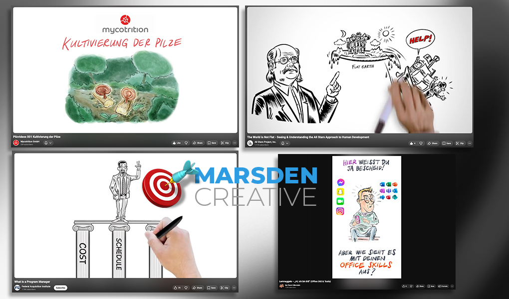 Hand-drawn whiteboard explainer video examples by Ian David Marsden, featuring educational and corporate explainer animations for international clients.