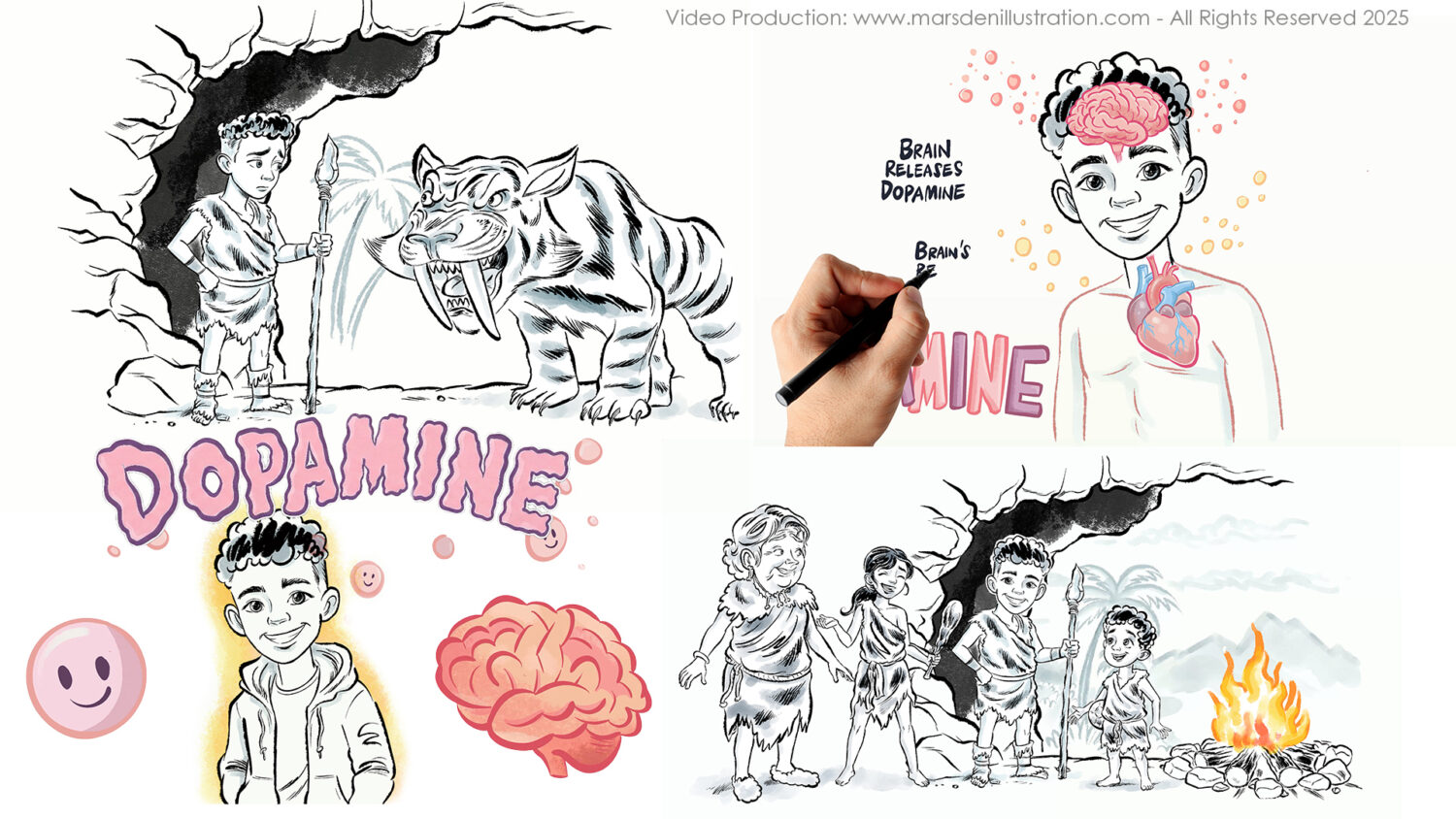 Caveman child and sabre-tooth tiger in dopamine explainer by Ian David Marsden