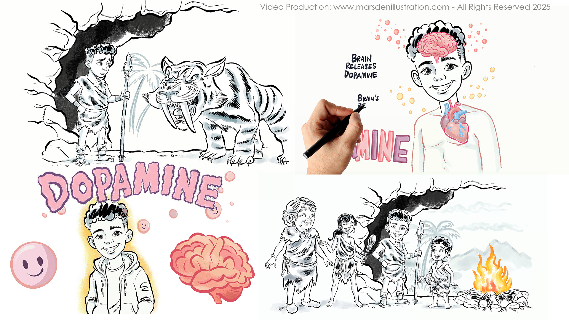 Caveman child and sabre-tooth tiger in dopamine explainer by Ian David Marsden