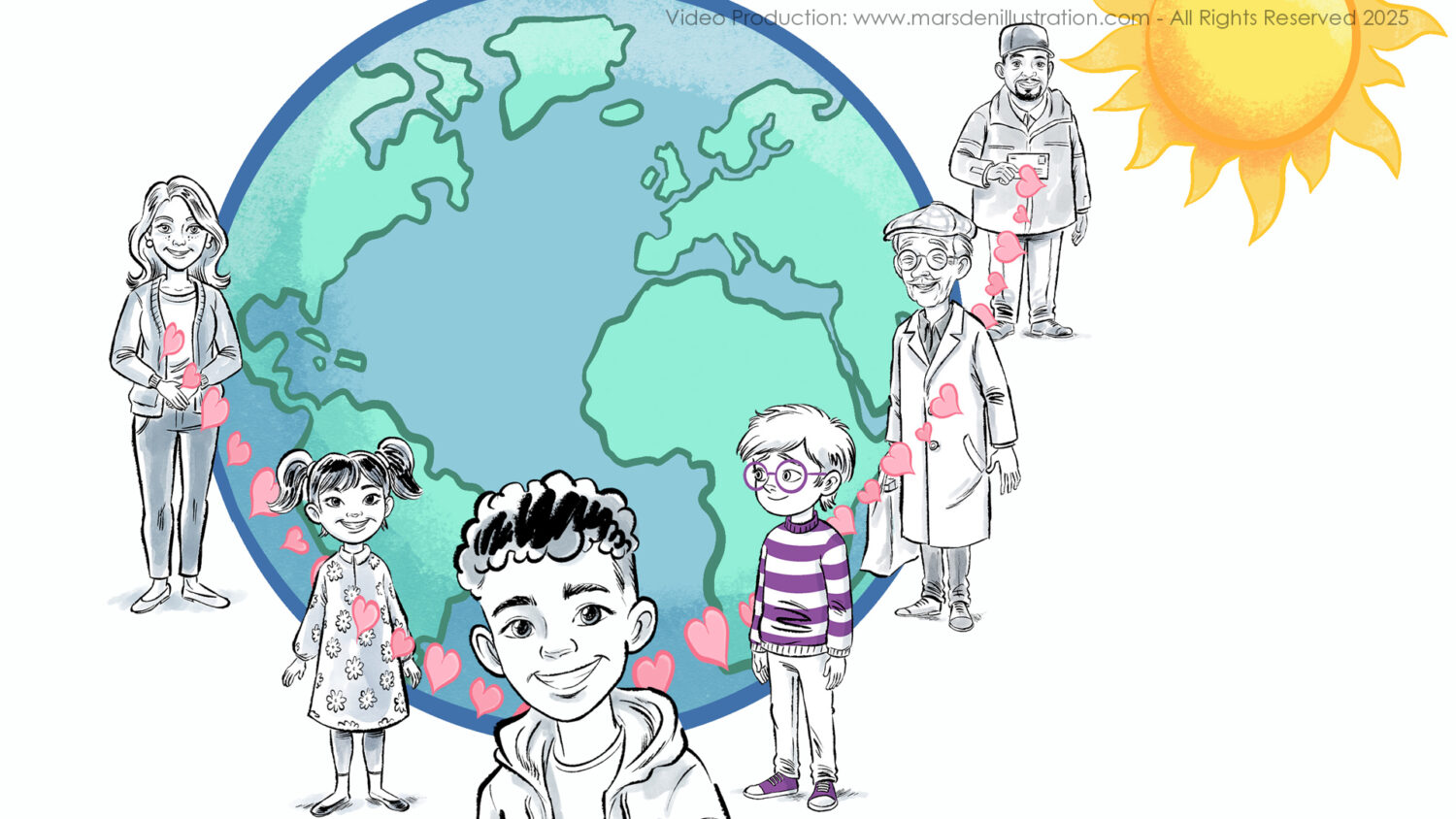Diverse people around Earth connected by hearts in animated kindness video