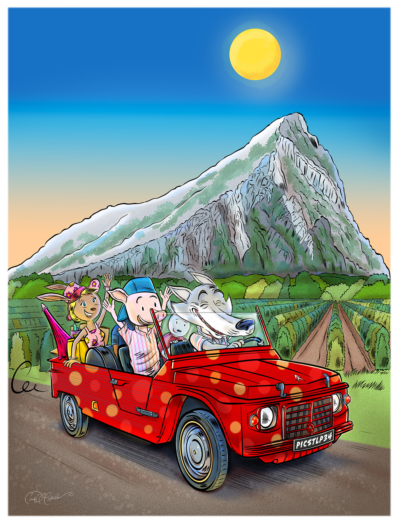 Happy cartoon animals driving in a red Mehari near the pic saint-loup mountain and vineyards in the south of france