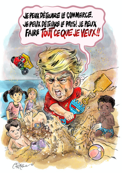 Cartoon Illustration of crybaby Trump ruining the other kids day at the beach
