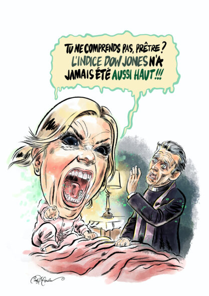 Cartoon of a screaming Pam Bondi in a pink blanket with a candle, and a priest looking distressed.