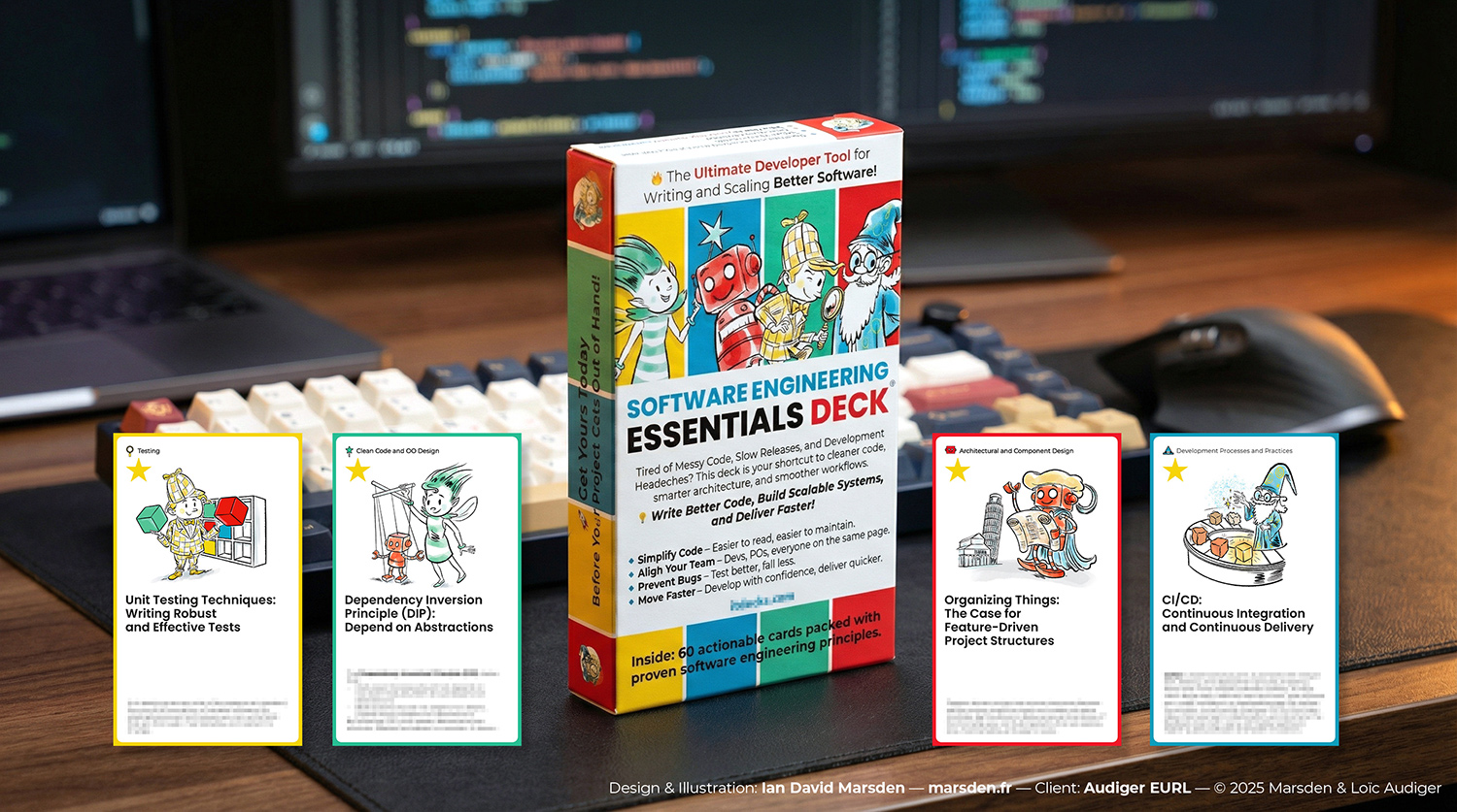 Software Engineering Essentials Deck box on a desk with four illustrated sample cards arranged in front, coding monitor behind.