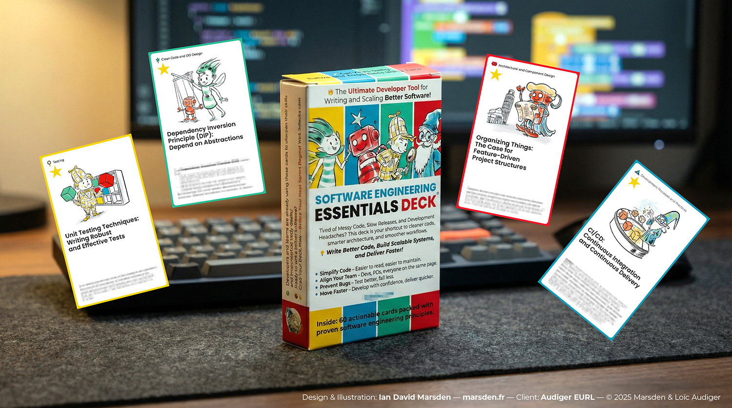 Boxed software engineering training card deck with four illustrated sample cards floating over a coding workspace.