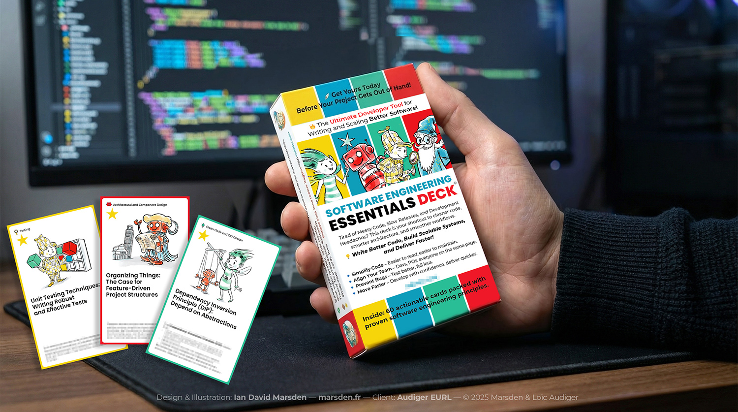 Hand holding an illustrated software engineering card deck box with three sample cards beside it, coding screen in background.
