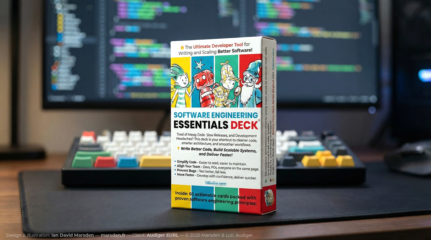 Standalone boxed software engineering training card deck on a desk with a blurred coding screen behind it.