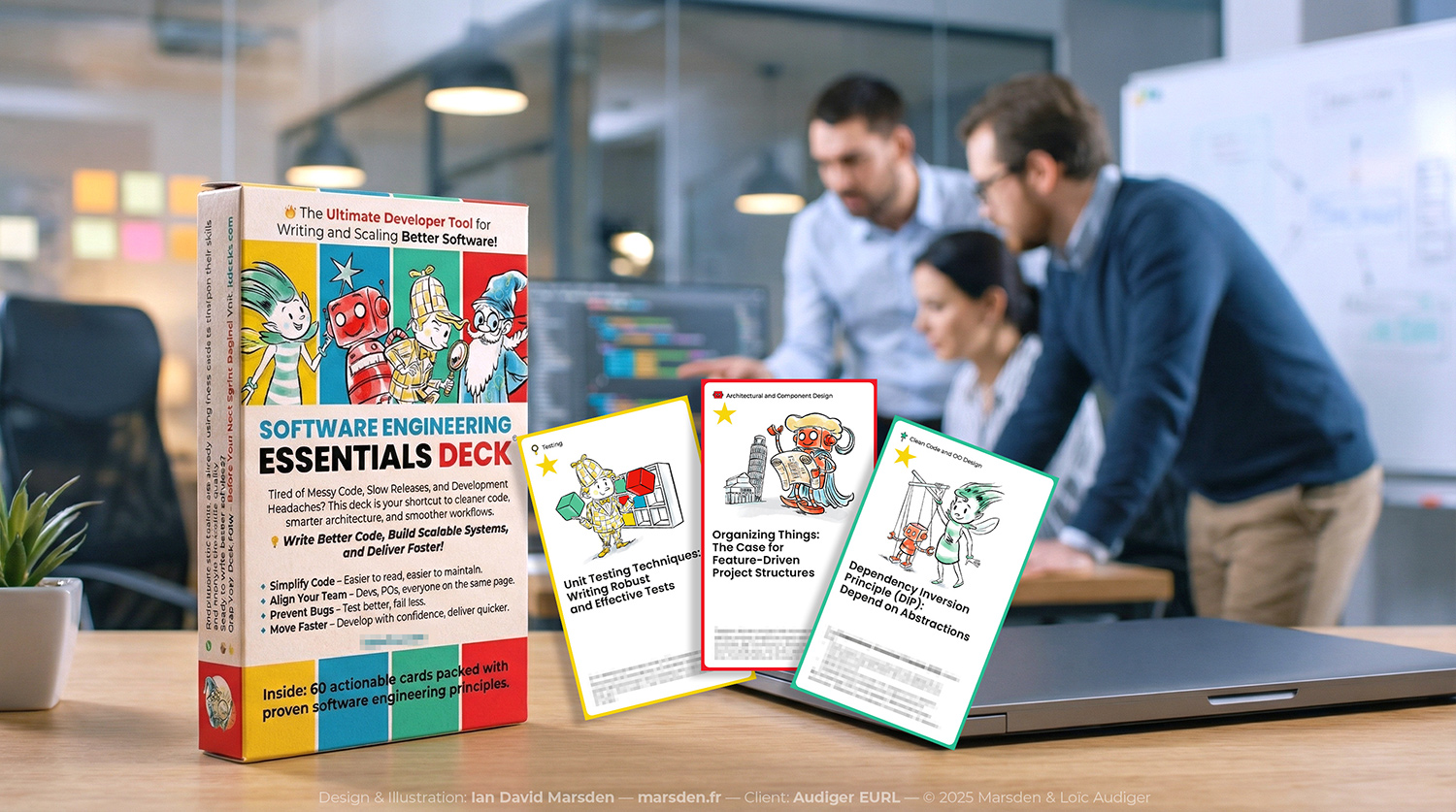 llustrated software engineering card deck box on a desk with four sample cards; blurred team meeting in the background.
