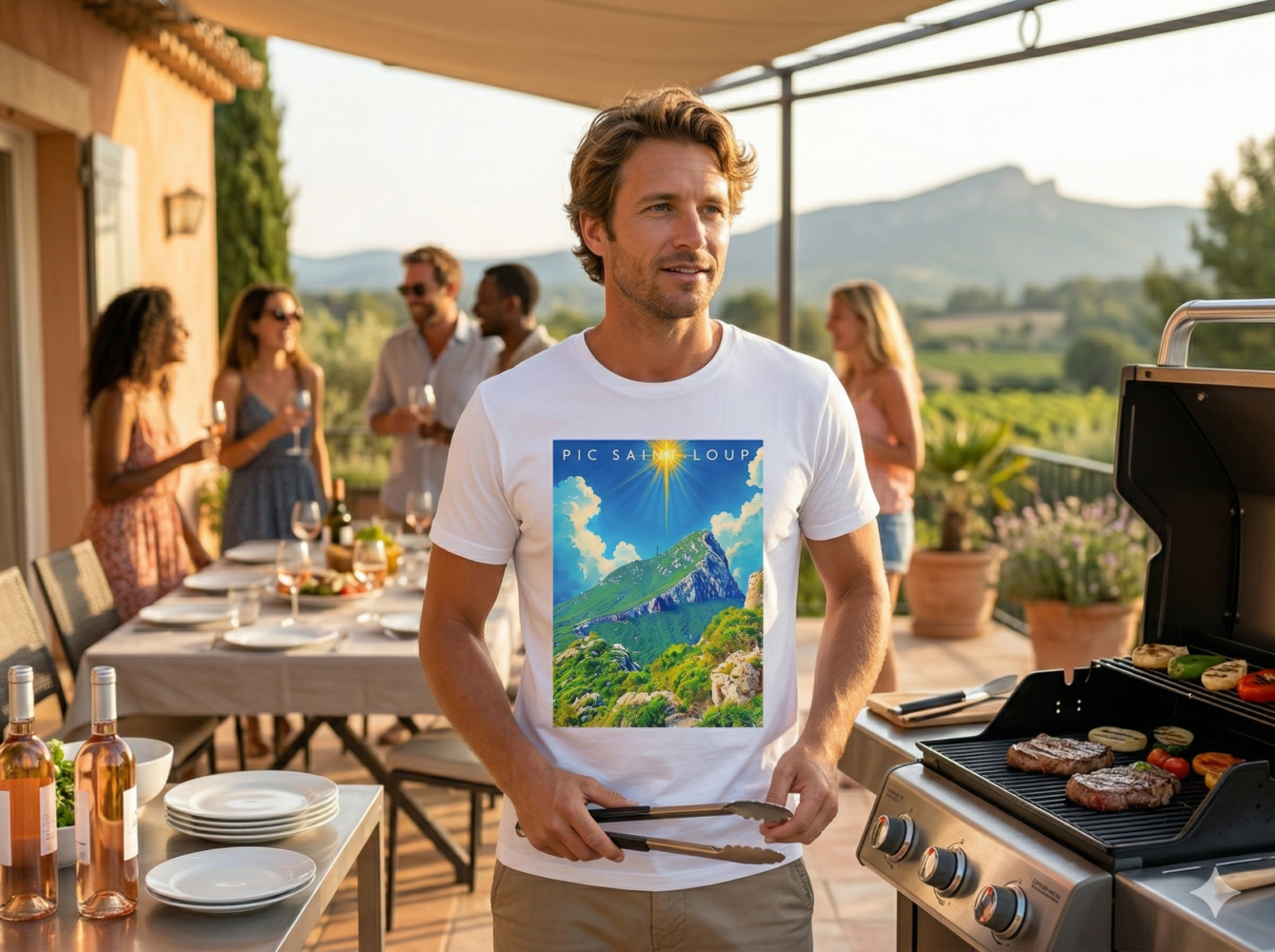 Homme portant un t-shirt Pic Saint-Loup lors d’un barbecue en terrasse avec vue sur les vignes près de Montpellier