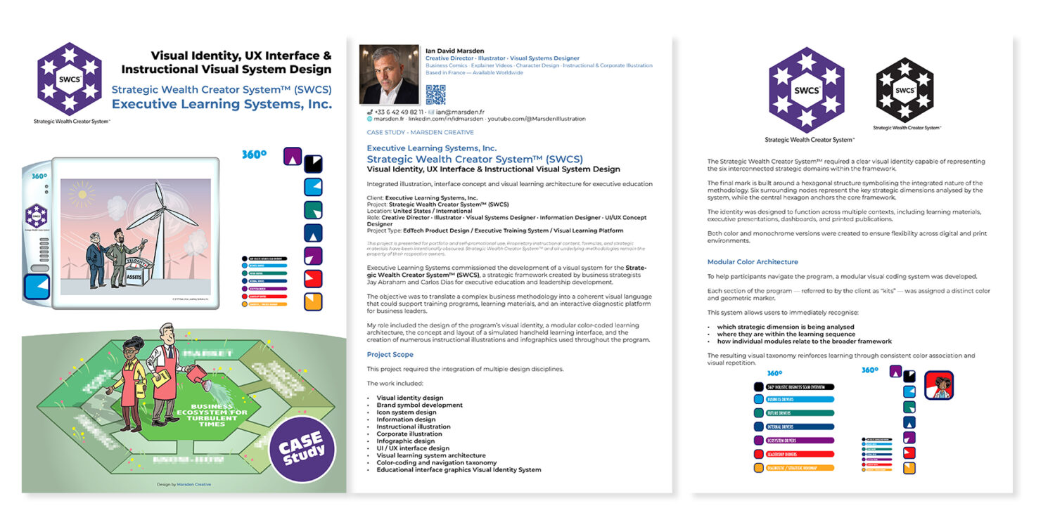 Instructional illustration and business diagrams showing visual storytelling system for executive training and UX learning platform