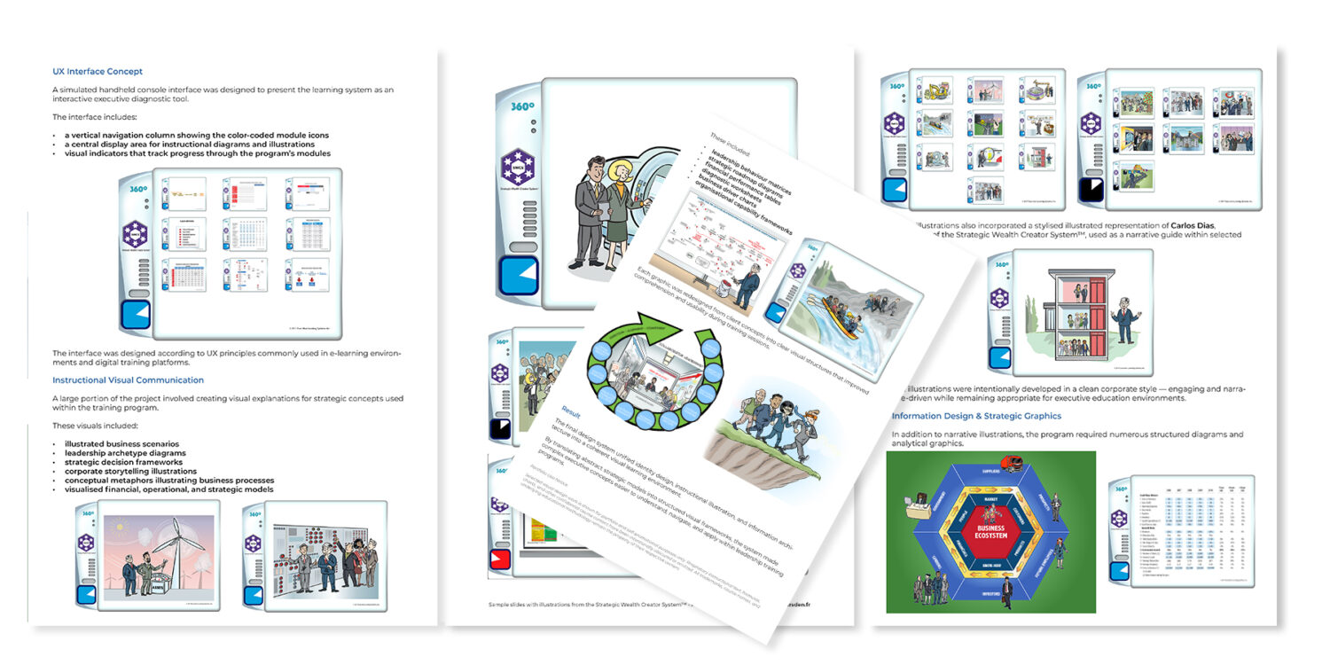 Visual identity system with color coding, icons and UX navigation for corporate training and strategic learning system