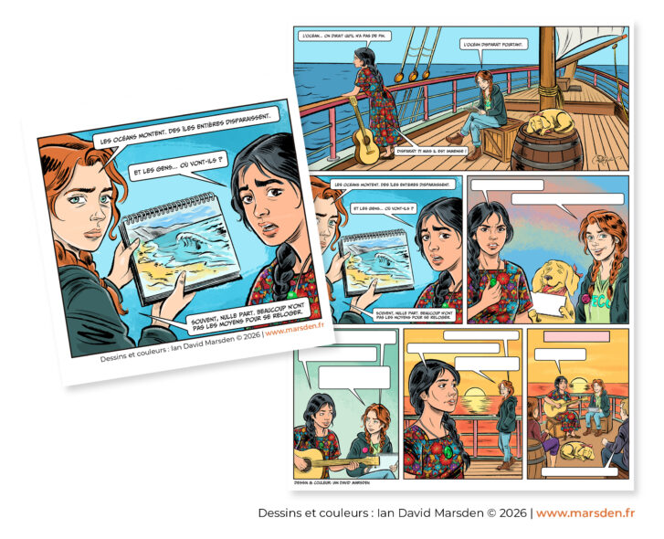 Hand-drawn comic art sample by Ian David Marsden showing professional sequential illustration, visual storytelling and business comics work.