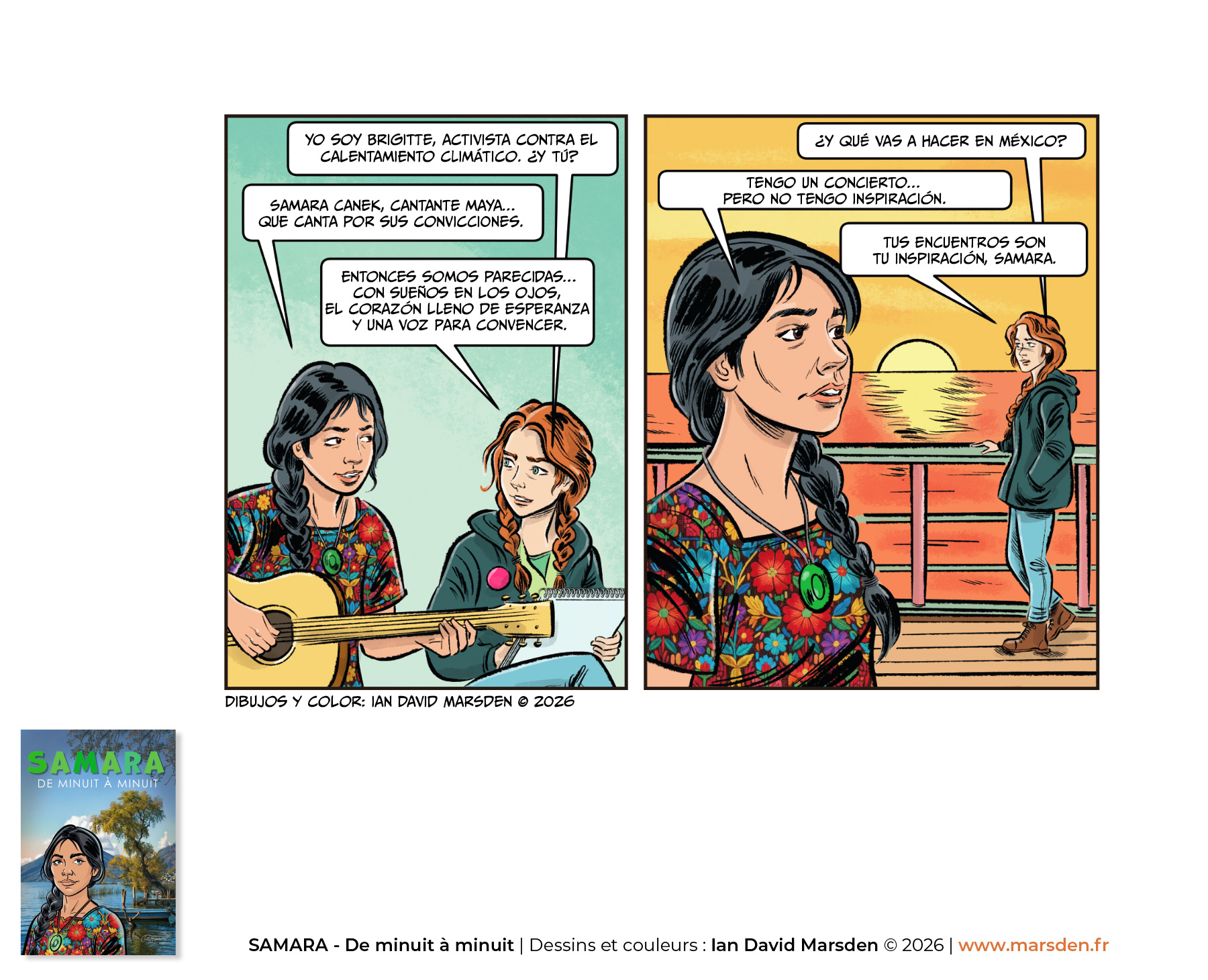 Comic art scene by Ian David Marsden showing a young guitarist backstage with two male characters in a narrative bande dessinée style