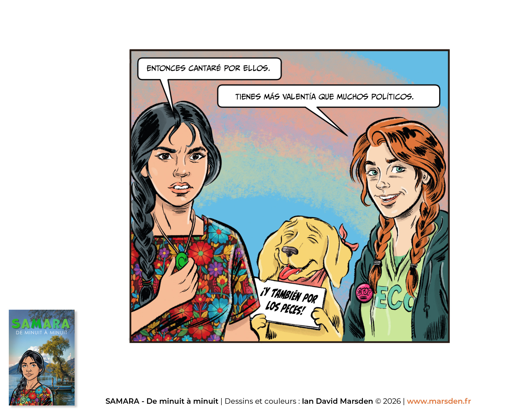 Graphic novel panel sequence by Ian David Marsden showing symbolic handover and a character by the water in a poetic comic style