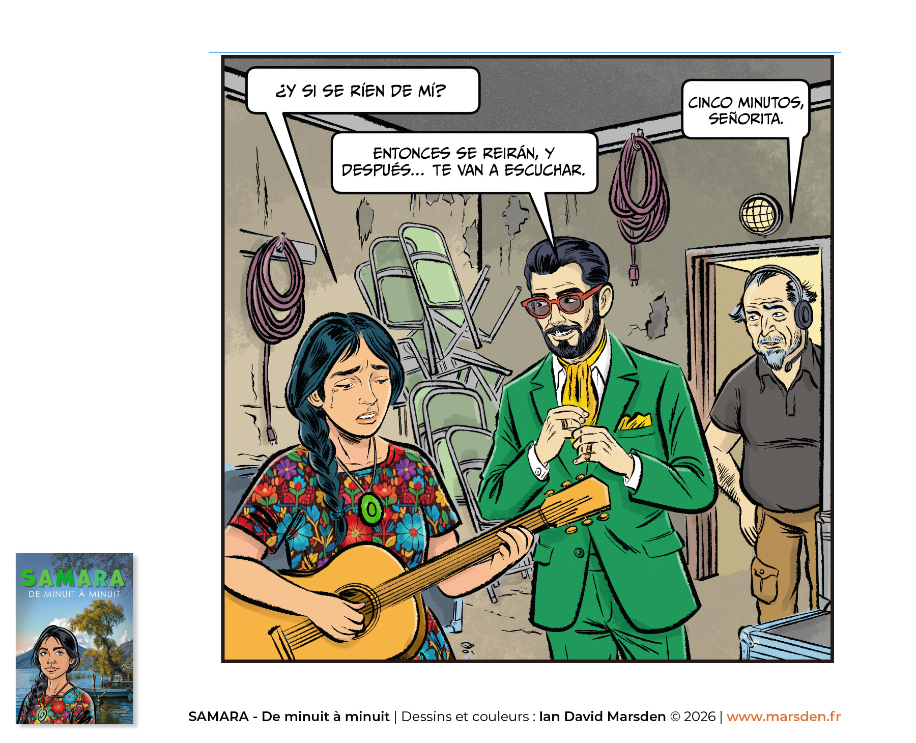 Comic illustration by Ian David Marsden showing two female characters and a dog in a colourful bande dessinée panel with activist dialogue