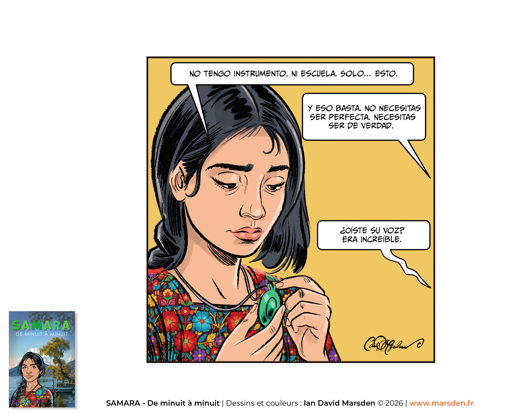 Bande dessinée style panel by Ian David Marsden showing two female characters in conversation, one seated with guitar and sketchbook, the other standing at sunset