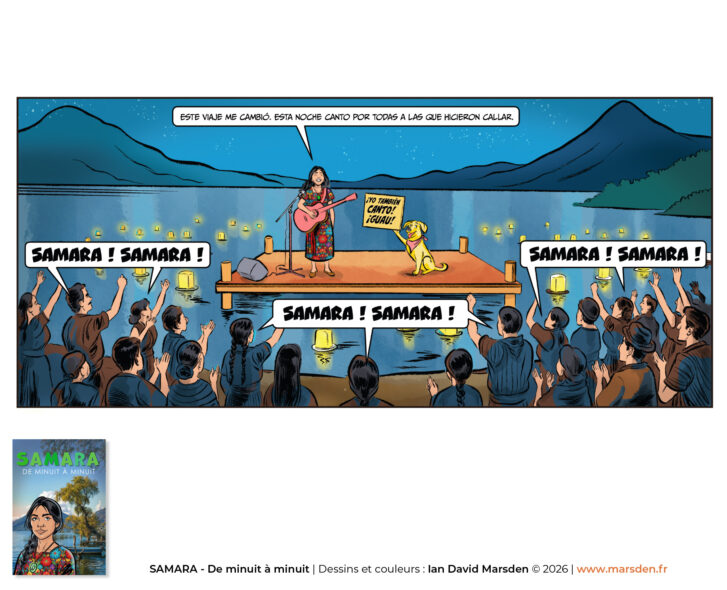 Graphic novel style concert illustration by Ian David Marsden with singer on a lakeside stage before a crowd holding lanterns