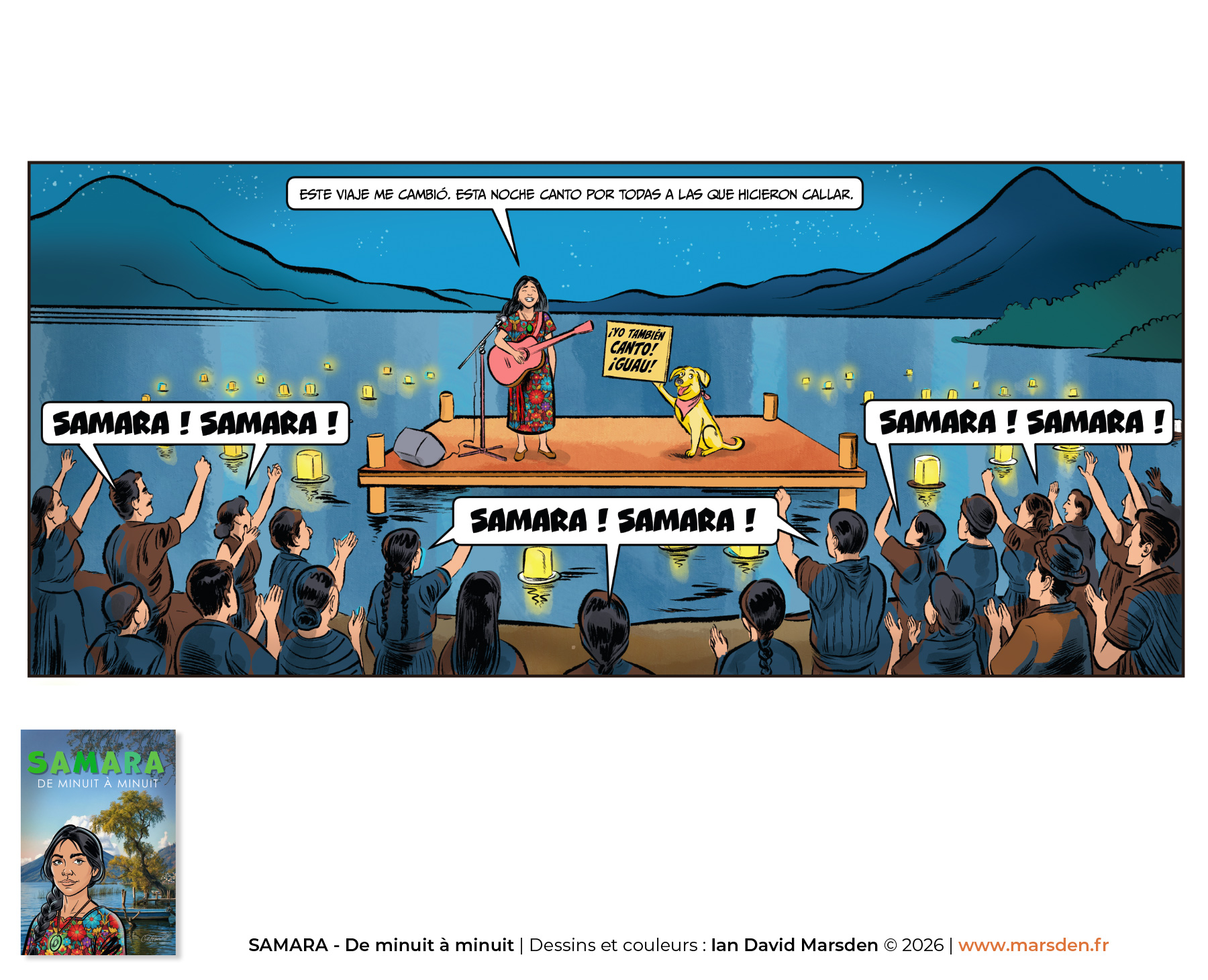 Graphic novel style concert illustration by Ian David Marsden with singer on a lakeside stage before a crowd holding lanterns