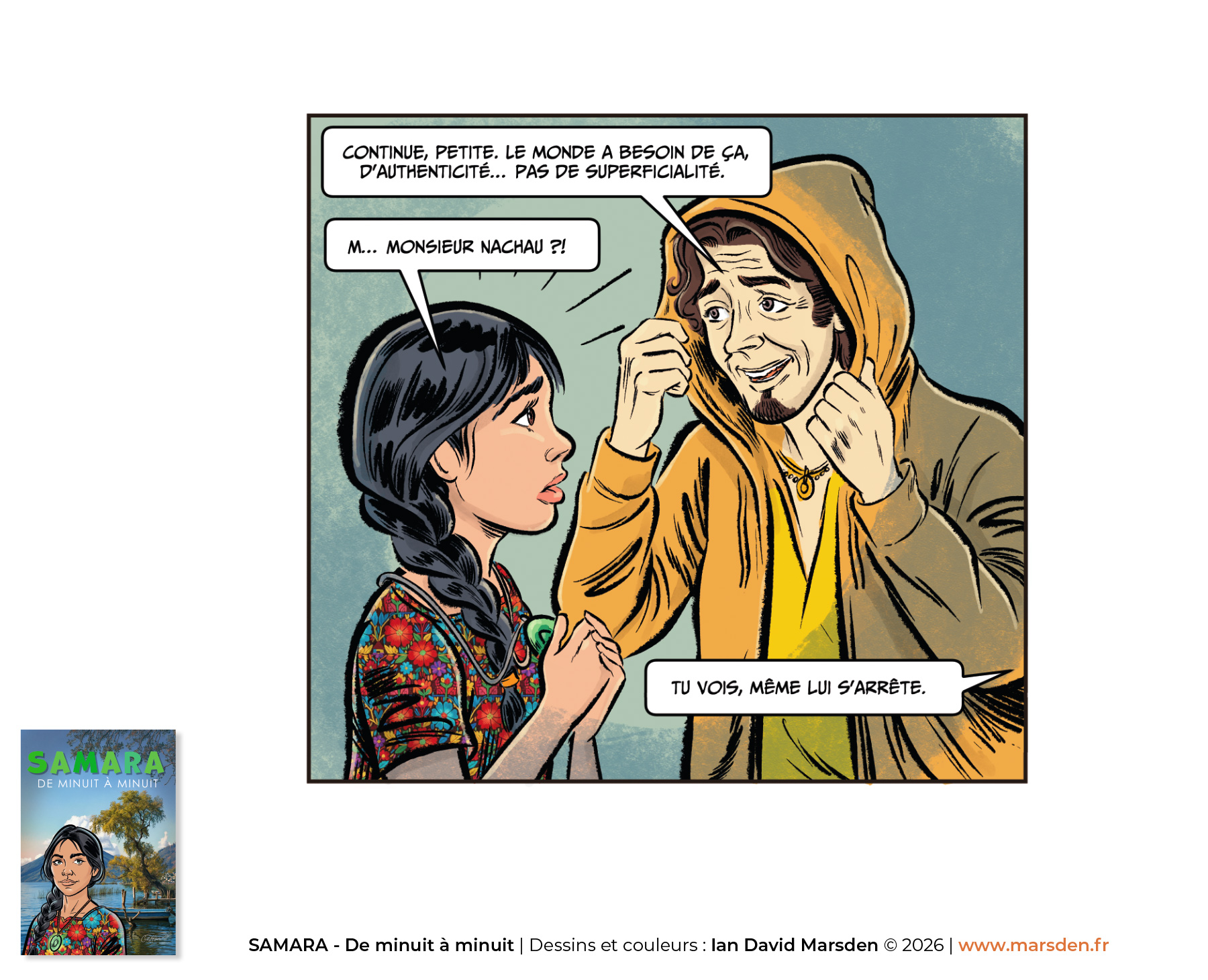 Comic art illustration by Ian David Marsden showing a guitarist performing on stage before a crowd in a colourful bande dessinée style