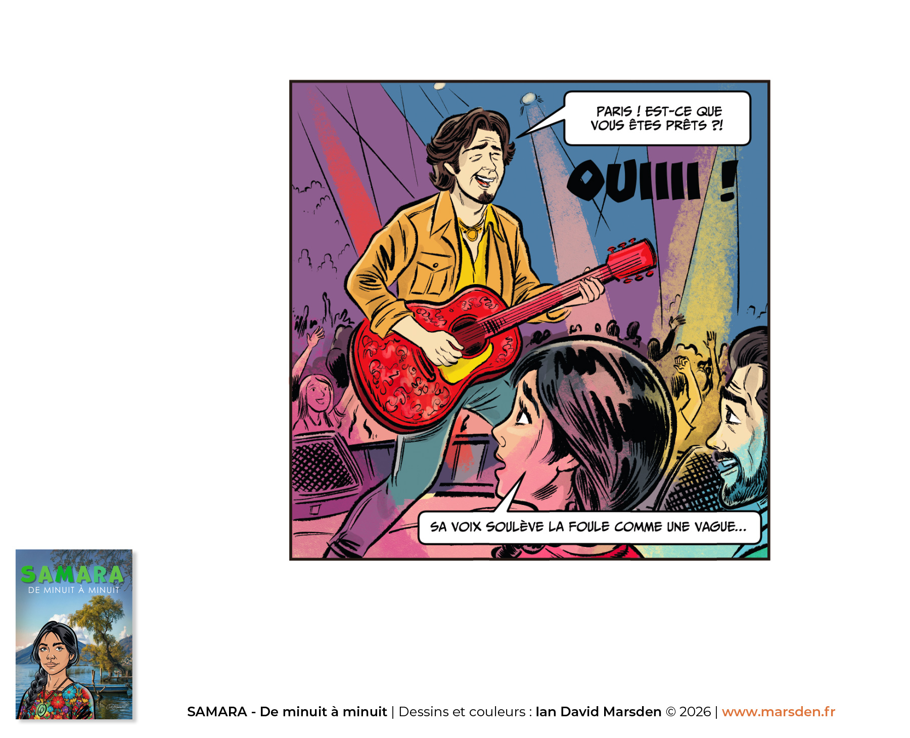 Comic-style concert illustration by Ian David Marsden showing a musician on stage with audience reactions in a colourful bande dessinée scene