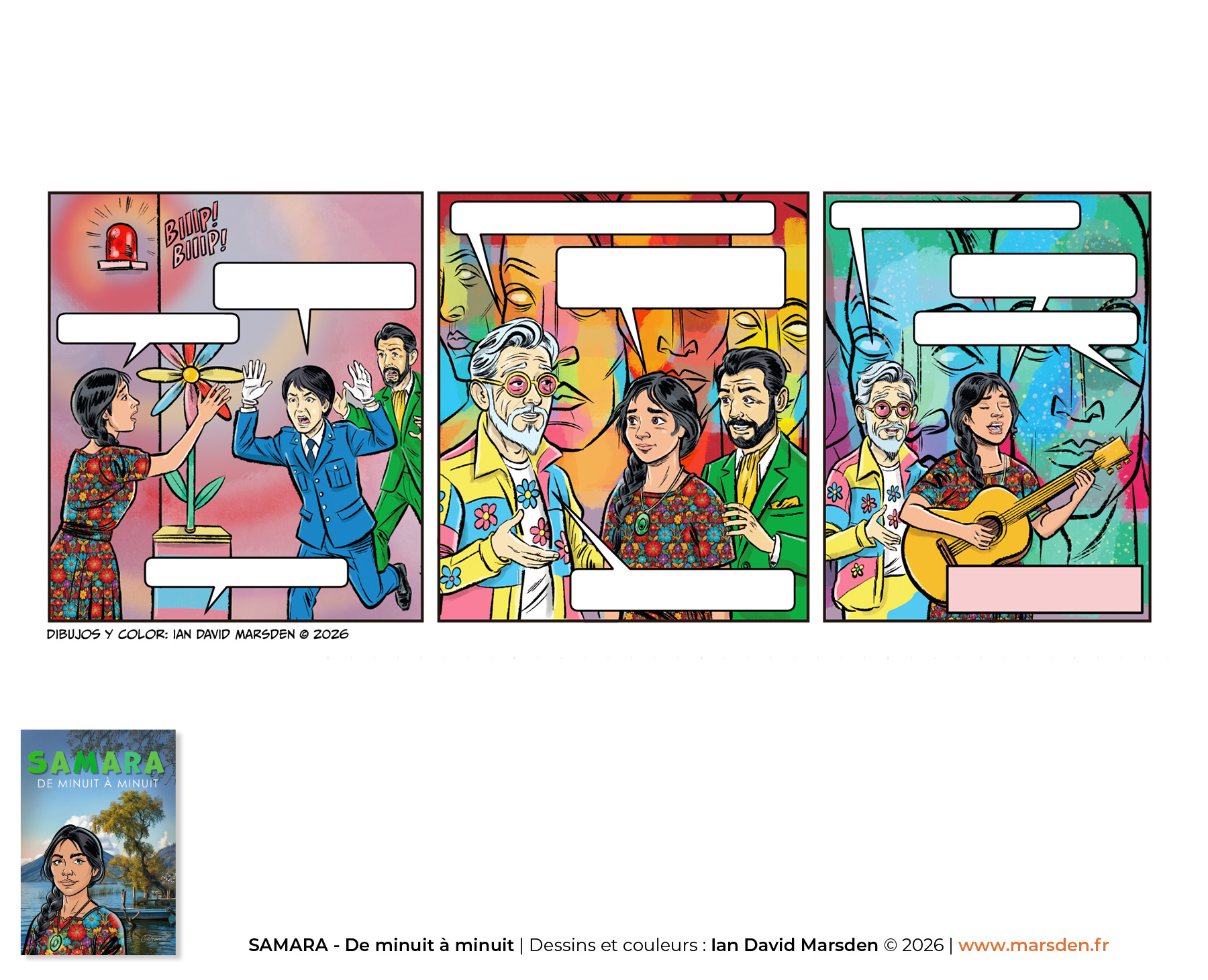 Graphic novel triptych by Ian David Marsden showing three comic panels with dialogue, expressive characters and stylised background imagery