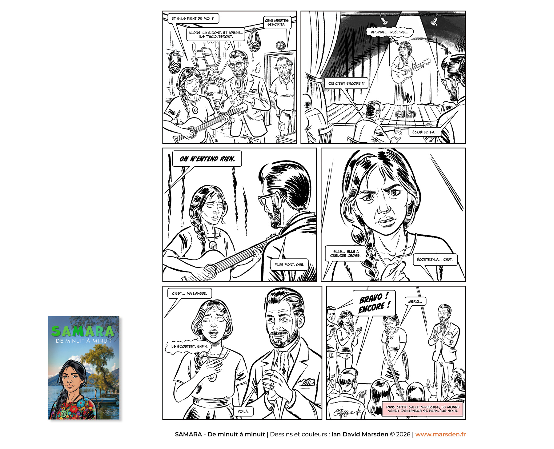 Black and white comic page by Ian David Marsden showing a backstage and stage performance sequence in expressive inked bande dessinée style