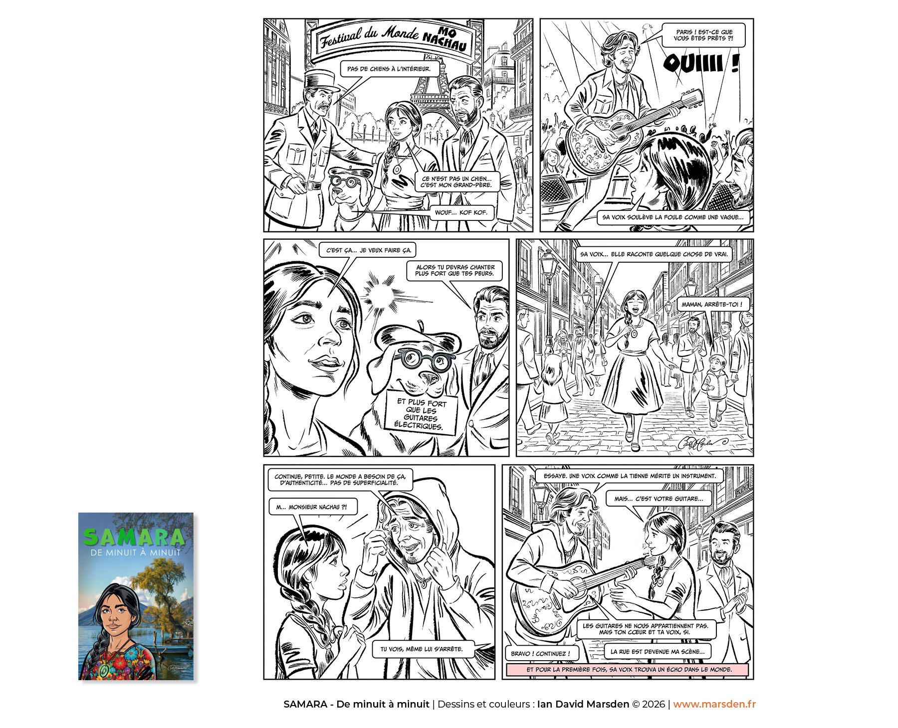 Black and white graphic novel page by Ian David Marsden showing characters in Paris scenes with expressive storytelling and urban comic illustration