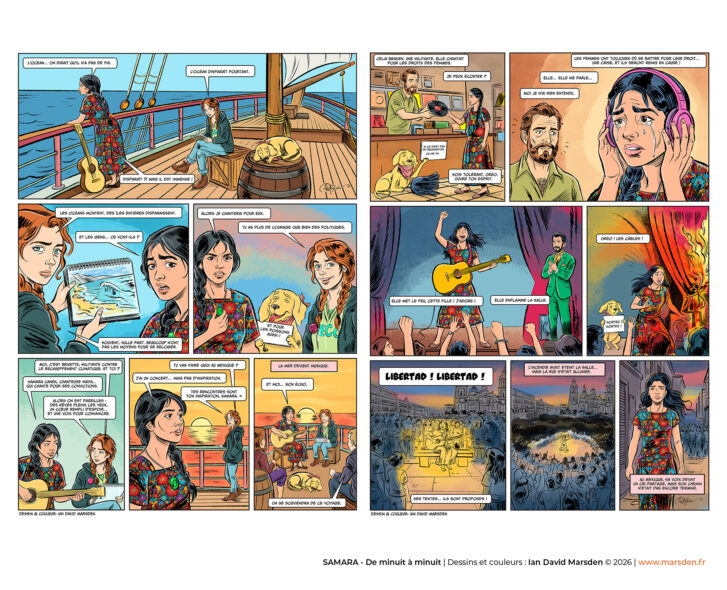 Full comic spread by Ian David Marsden showing multiple coloured panels, characters, crowd scenes and sequential storytelling in a graphic novel style