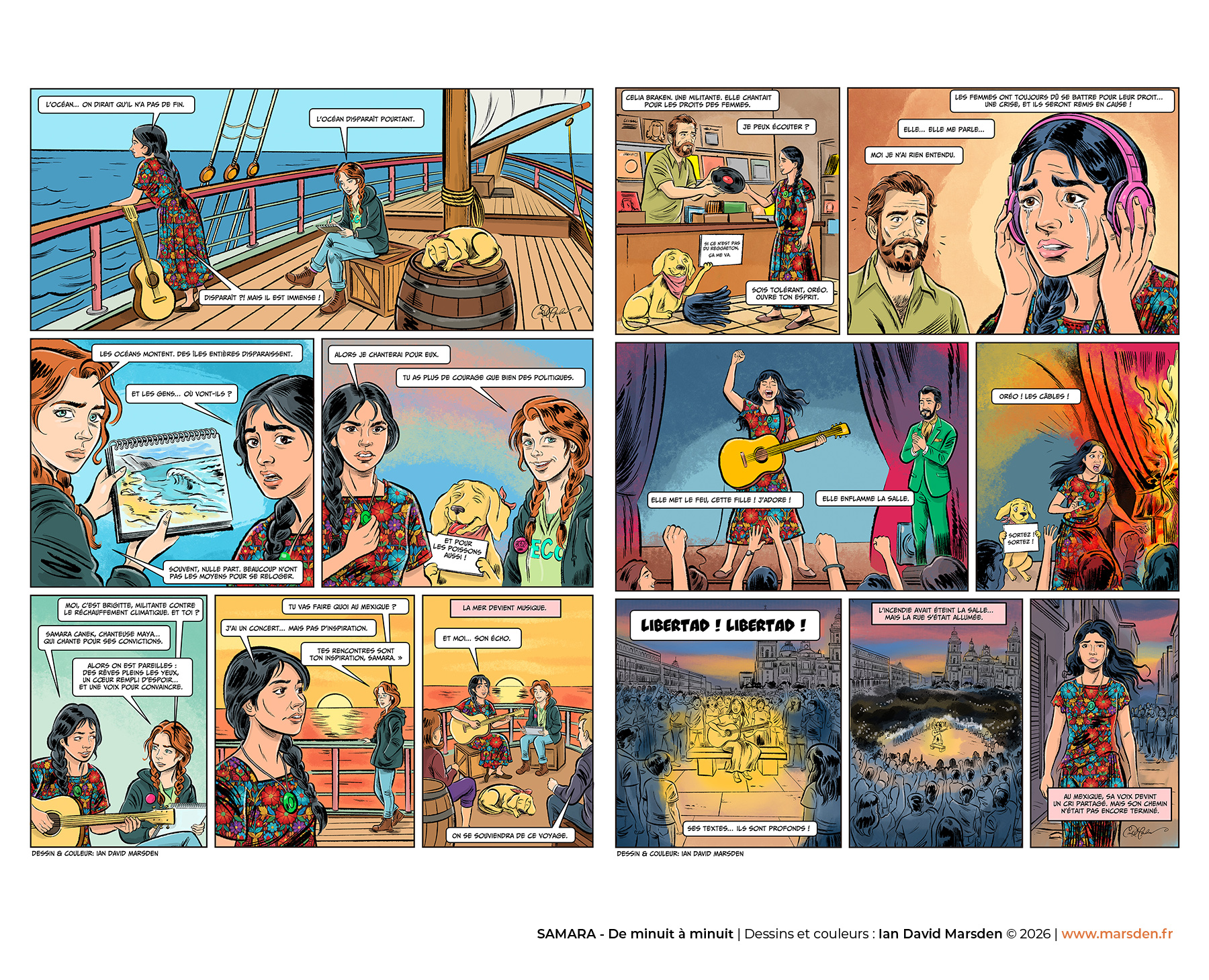 Full comic spread by Ian David Marsden showing multiple coloured panels, characters, crowd scenes and sequential storytelling in a graphic novel style