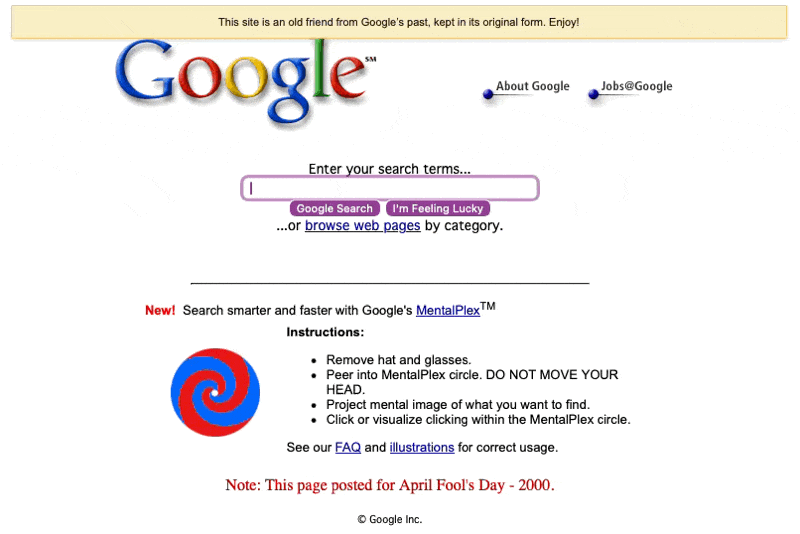 Archived Google MentalPlex homepage from April Fool’s Day 2000, the first Google Doodle project created by Ian David Marsden