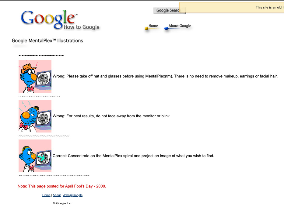 Google MentalPlex illustrations page showing correct and incorrect usage examples from the April Fool’s Day 2000 hoax