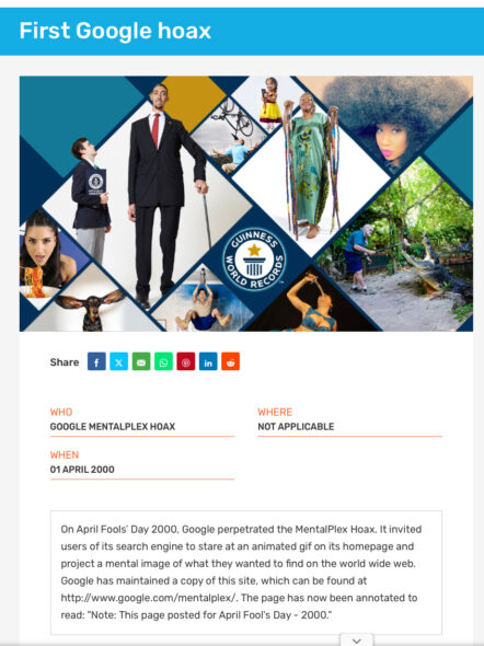 Guinness World Records listing for the Google MentalPlex hoax
