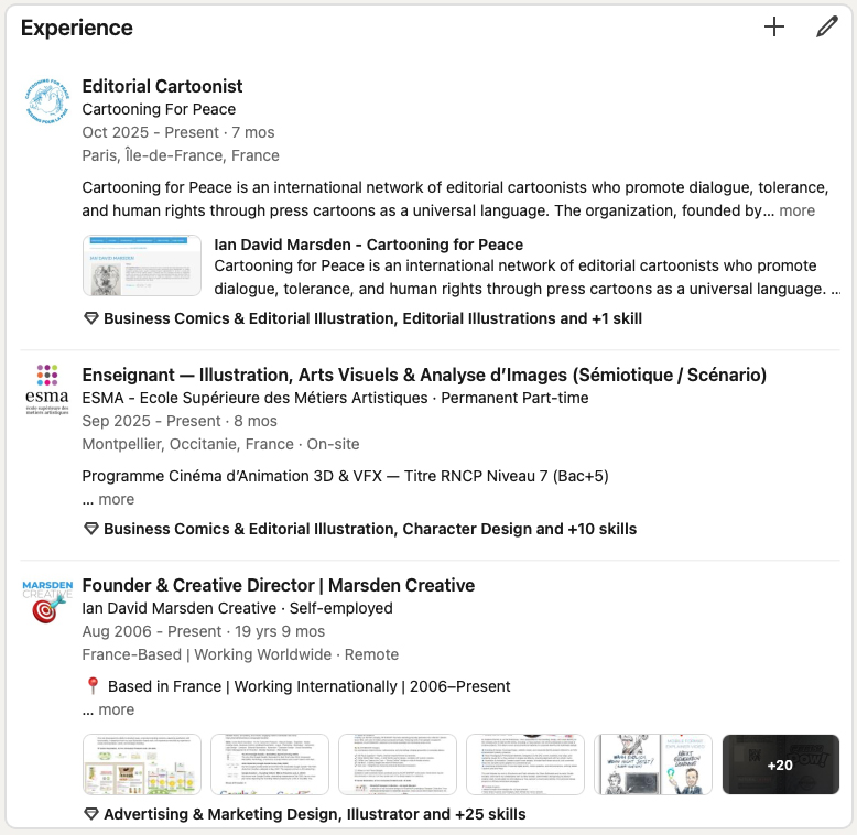 Screenshot of Ian David Marsden’s LinkedIn experience section showing editorial cartooning, ESMA teaching role, and Marsden Creative founder and creative director experience.