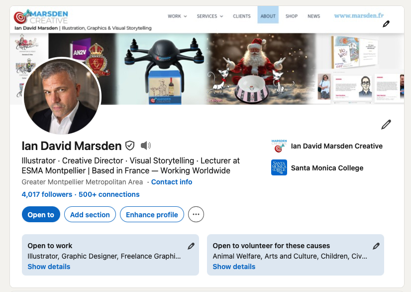 Screenshot of Ian David Marsden’s LinkedIn profile header showing illustrator, creative director and visual storytelling profile based in France.