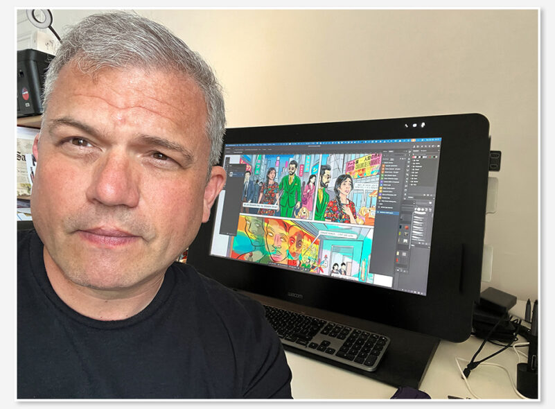 Illustrator and graphic novel author Ian David Marsden in his studio near Montpellier, working at a Wacom screen on comic art