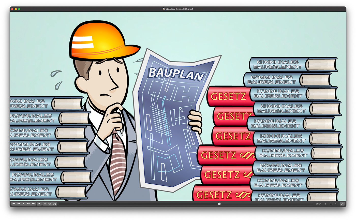 Cartoon-Bauplaner mit Bauplan zwischen Gesetzesbüchern und kommunalen Baureglementen in einem handgezeichneten Erklärvideo für St. Gallen.