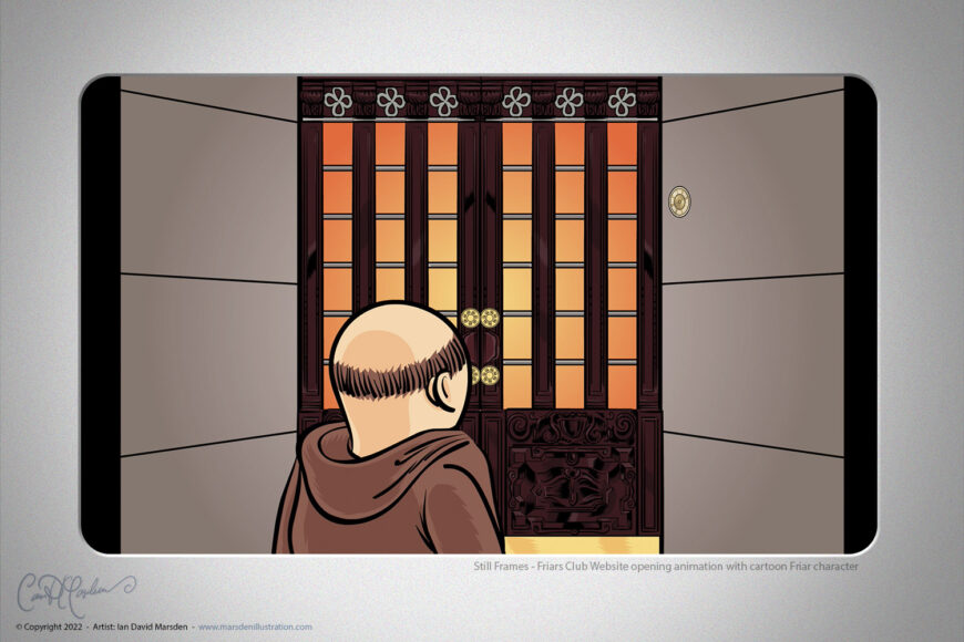 Cartoon friar character approaching the illustrated doors of the New York Friars Club in an animated intro