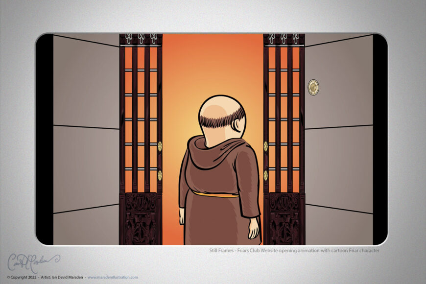 Cartoon friar character entering through the opening doors of the New York Friars Club in a website animation