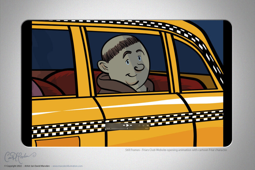 Close-up of a smiling cartoon friar character in a New York yellow cab for the Friars Club animated website intro