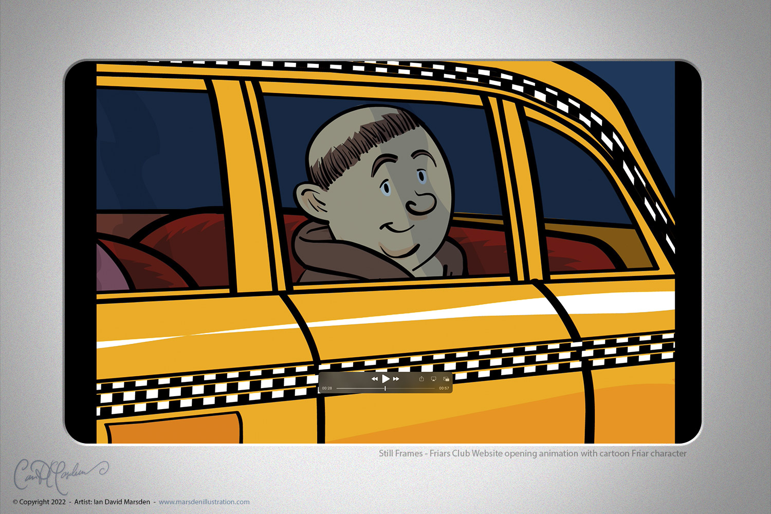 Close-up of a smiling cartoon friar character in a New York yellow cab for the Friars Club animated website intro
