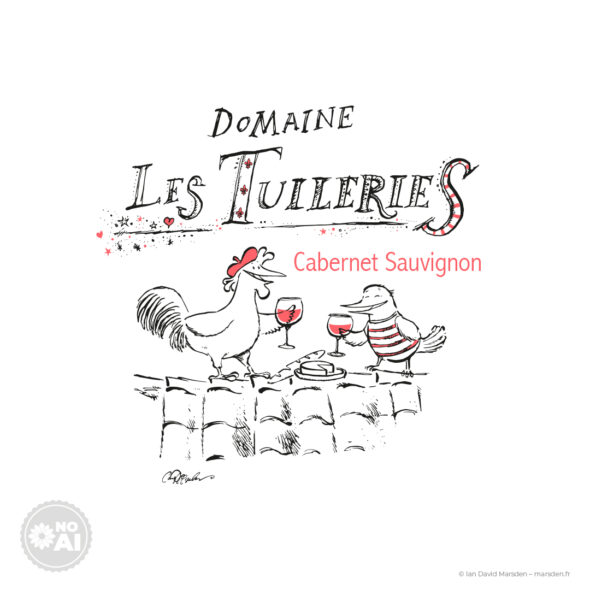 Cabernet Sauvignon wine label for Domaine Les Tuileries with hand-drawn rooster and bird scene, custom logo and red accents.