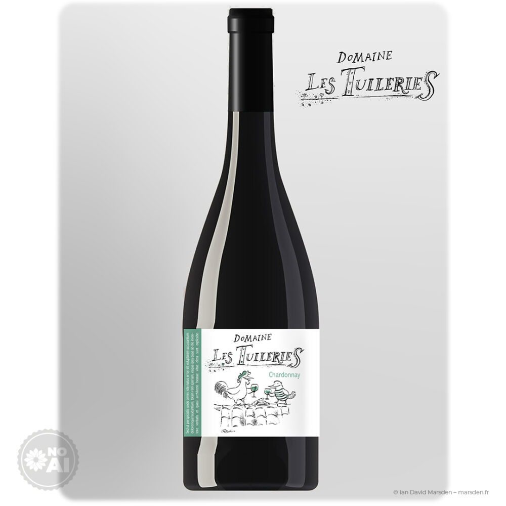 Presentation mockup of a Domaine Les Tuileries Chardonnay bottle with green-accented illustrated label and custom logo.