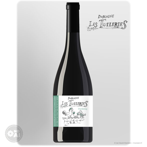 Presentation mockup of a Domaine Les Tuileries Chardonnay bottle with green-accented illustrated label and custom logo.