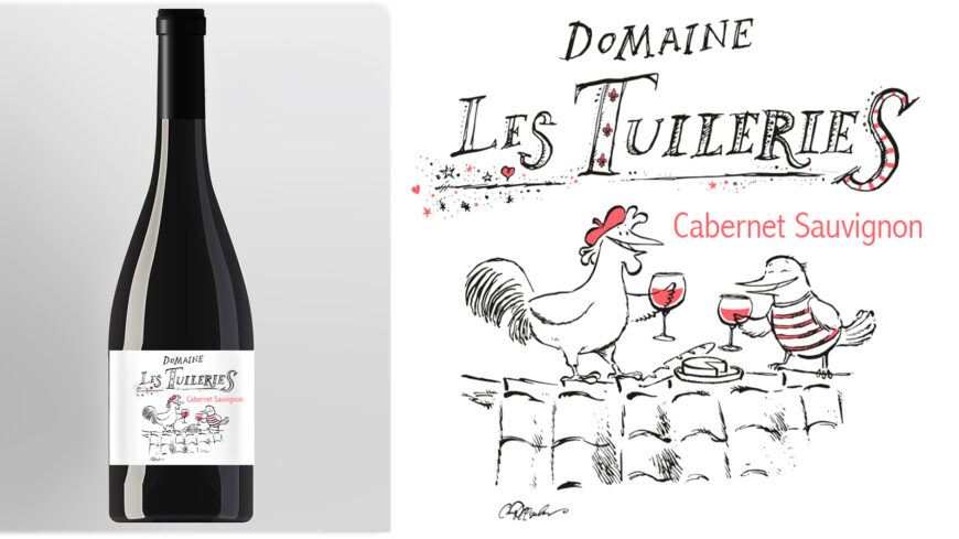 Composite image showing the Domaine Les Tuileries hand-drawn logo, bird illustration and produced wine bottles with illustrated labels.