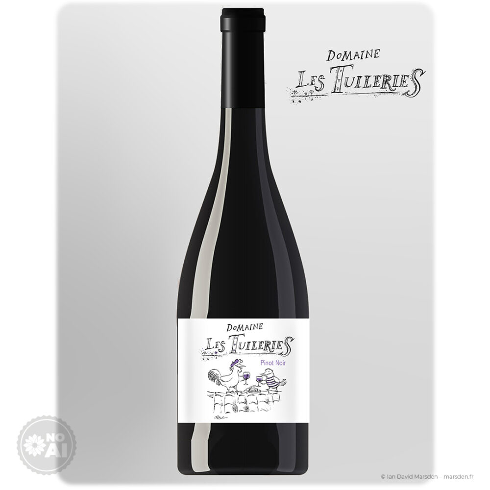 Presentation mockup of a Domaine Les Tuileries Pinot Noir bottle with illustrated label and hand-drawn winery logo.