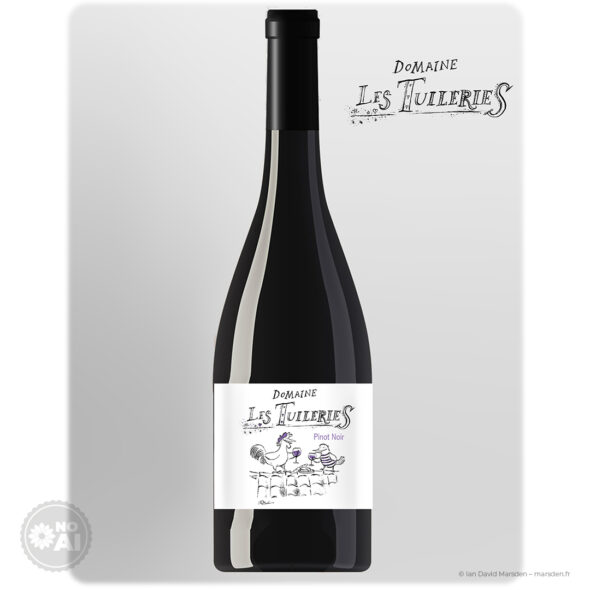 Presentation mockup of a Domaine Les Tuileries Pinot Noir bottle with illustrated label and hand-drawn winery logo.