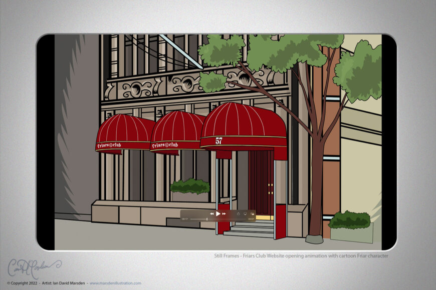 Illustrated Friars Club entrance with red awnings and building details from an animated website intro