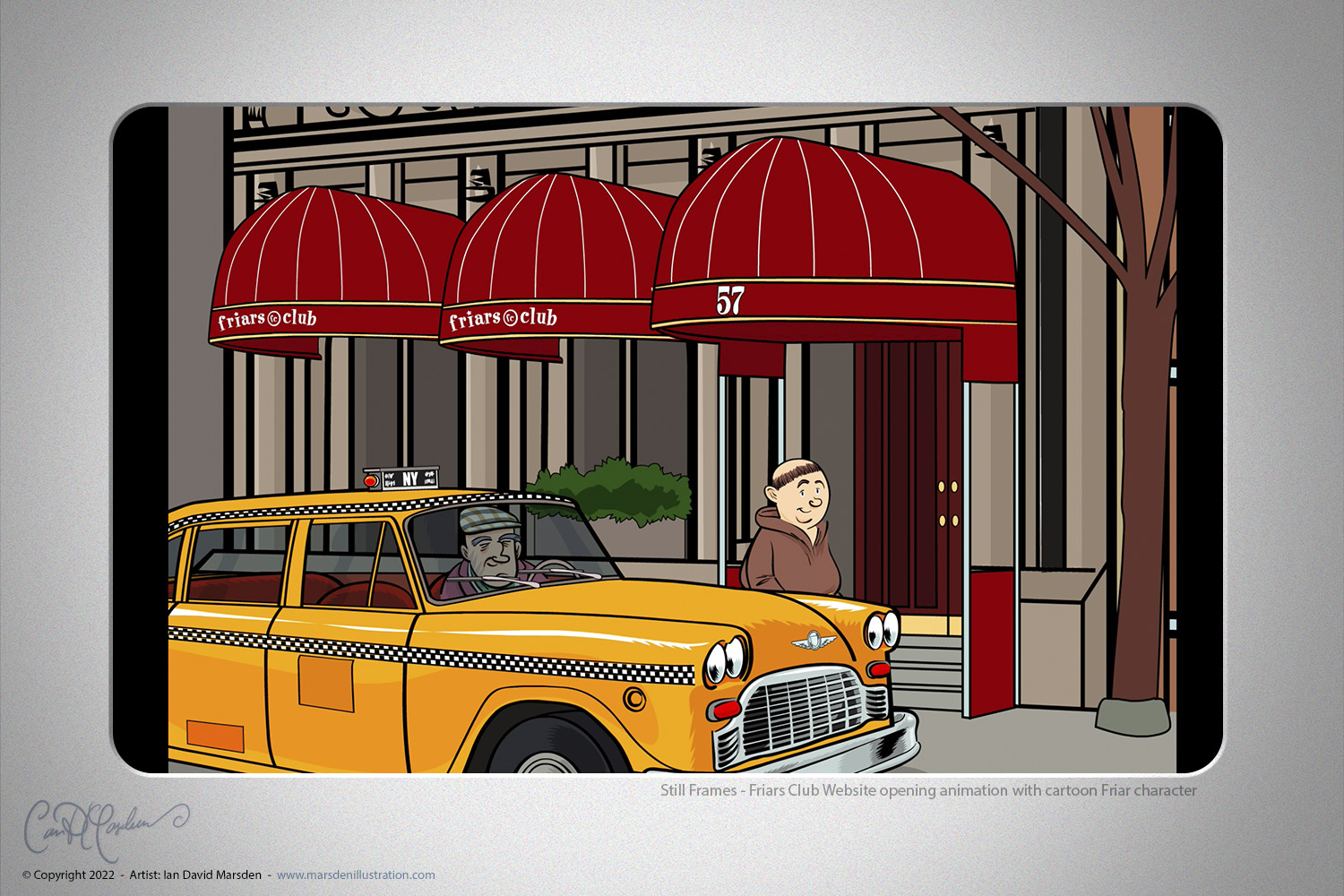 Yellow cab pulling up outside the New York Friars Club entrance in a cartoon website animation
