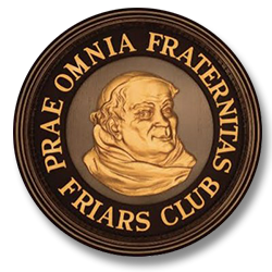 New York Friars Club emblem with friar portrait and Prae Omnia Fraternitas motto